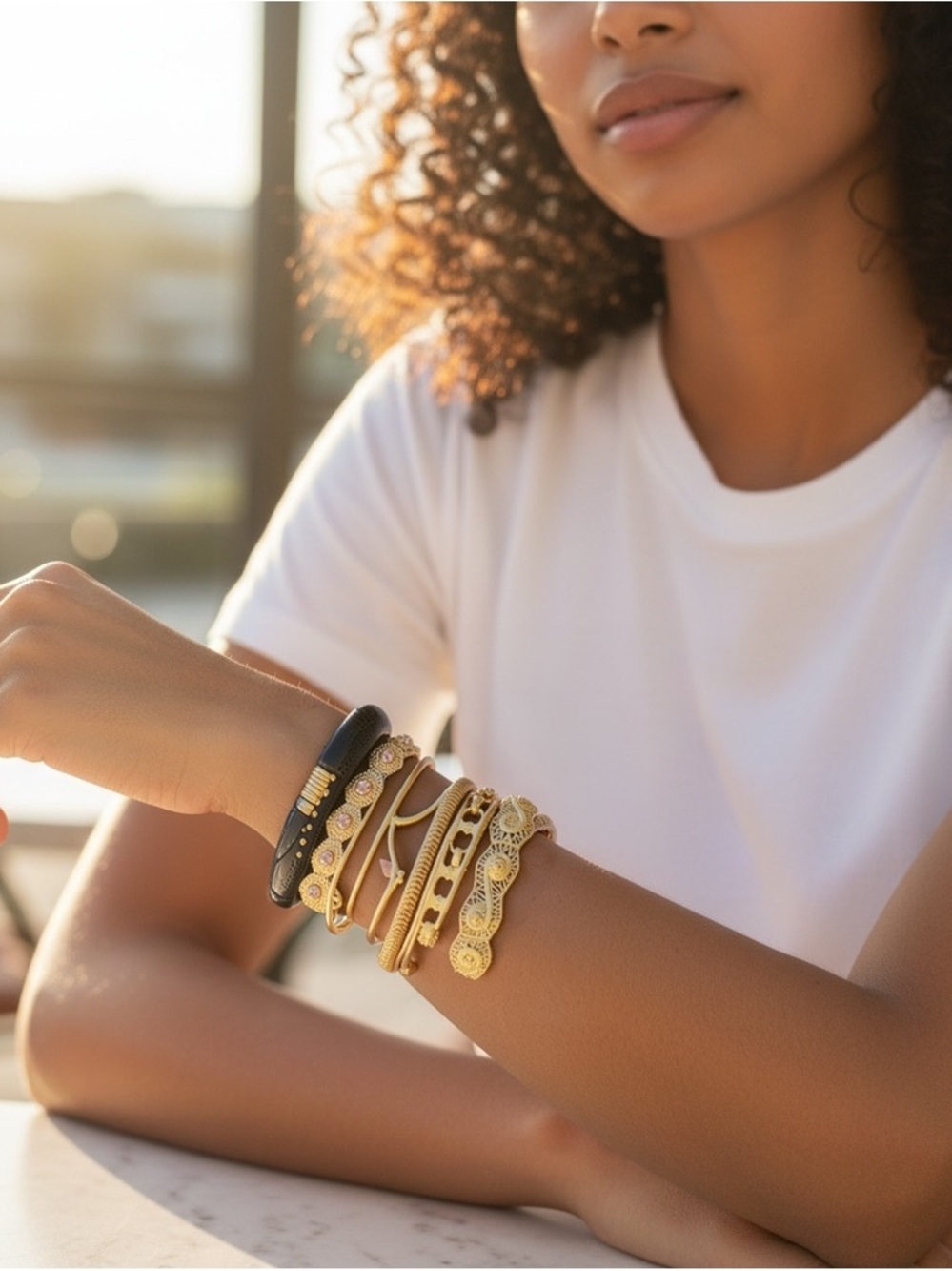 Signature Faith Boho Black Gold Bangle Bracelet Stack Set Mixed Media Rhinestone - Picture 4 of 4